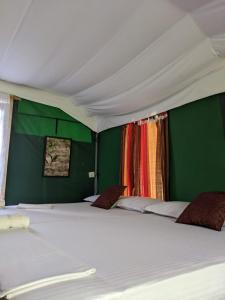 维勒珀图Nirvaan Safari Lodge的一张白色大床,位于带绿色墙壁的房间