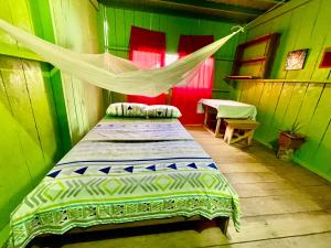 MacedoniaMaloca Barü的绿色客房的一张床位,带蚊帐