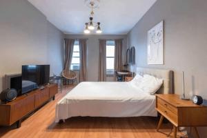 纽约Lovely Studio in Heart of NYC (Midtown West)的一间卧室配有一张床和一台平面电视