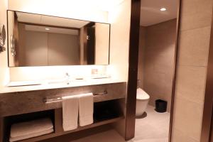 首尔明洞PJ酒店的一间带水槽、镜子和卫生间的浴室