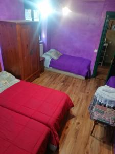 Murias de Rechivaldo弗洛尔旅馆的配有紫色墙壁和木地板的客房内的两张床