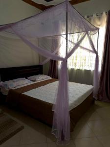 金贾Olive Palm Suites Jinja的一间卧室配有一张天蓬床和窗户