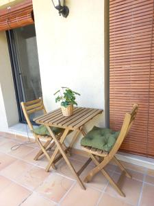 贝萨卢Apartament Ca l'Eudald Parelles的门廊上的木桌和椅子,种植了盆栽植物