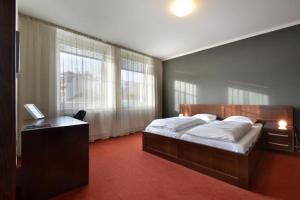 奥洛穆茨巴拉兹酒店的卧室配有一张床、一张书桌和窗户。