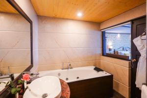 甘托克Denzong Regency- Luxury Mountain Retreat Spa & Casino的带浴缸和盥洗盆的浴室