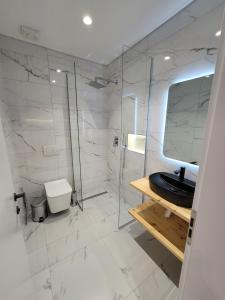 吉诺卡斯特Jani Studio Apartments的浴室设有玻璃淋浴间和黑色水槽。
