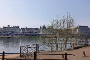 索米尔Appartement centre Saumur bord de Loire Les marronniers的水体,有建筑物和城市