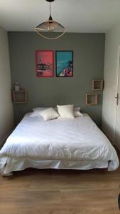 索米尔Appartement centre Saumur bord de Loire Les marronniers的卧室配有白色的床