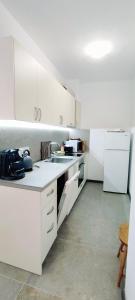 VodataMountain Pearls Home 9的白色的厨房配有水槽和冰箱