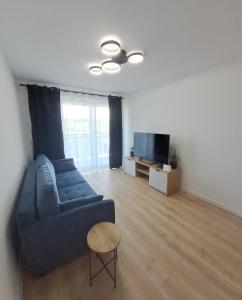 新松奇Apartament Aleje Józefa Piłsudskiego的客厅配有蓝色的沙发和电视