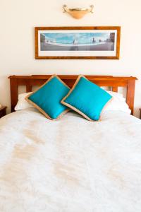 安吉西Anglesea Rivergums的一张带两个蓝色枕头的床