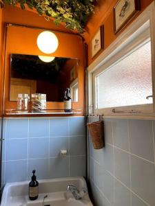 欧登塞Fjordhytten. Rebuild train wagon from 1937.的一间带水槽和镜子的浴室