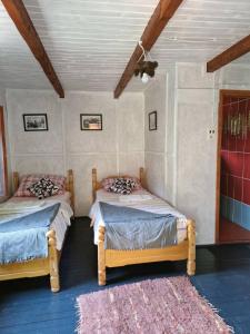 ProkupljeBeli Kamen etno selo的一间带两张床的卧室和地毯