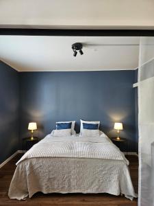 皮耶塔尔萨里Little Paris, 1 bedroom apartment的一间卧室配有一张带蓝色墙壁的大床