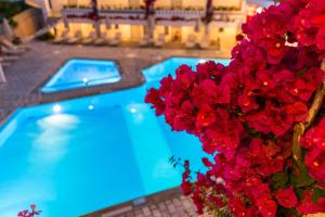 普拉坦斯Ariadne Hotel的蓝色游泳池旁有红花