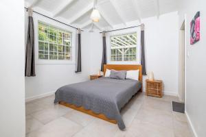 格罗斯岛Reduit Orchard - Beautiful Home near Reduit Beach的一间卧室设有一张床和两个窗户。