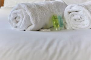 泰恩河畔纽卡斯尔Properties Unique Dene Rooms Twin的床上的一大堆毛巾和牙膏