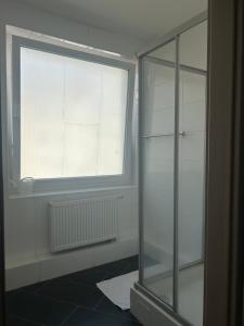 汉诺威Garden Loft Haven的一间带玻璃淋浴和窗户的浴室
