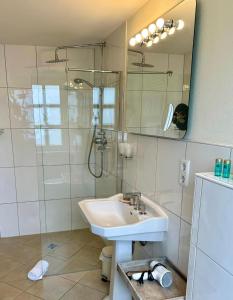 Langenlonsheim海因里希斯酒庄住宿加早餐旅馆的一间带水槽、淋浴和镜子的浴室