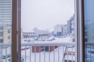 罗瓦涅米Snowflake suites, Pet friendly accommodation的从窗户可欣赏到白雪 ⁇ 的城市景色