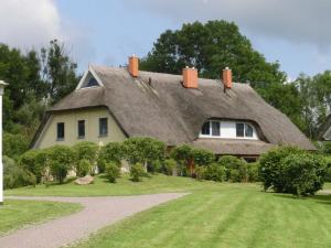 布德明Reetdachhaus Malve 3 im Feriendorf Puddeminer Wiek的庭院顶部有茅草屋顶的房子