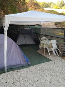 卡尼卡蒂尼巴尼AREA MULTISPORT Camping & Camper的配有两把椅子和一张桌子的帐篷