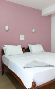 阿贡达Santana Guest House的一间卧室设有两张床和粉红色的墙壁