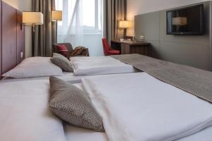 萨尔茨堡欧洲萨尔茨堡奥地利流行酒店的酒店客房设有三张床和电视。