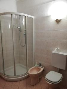 FresonaraLa casetta di Pio的带淋浴、卫生间和盥洗盆的浴室