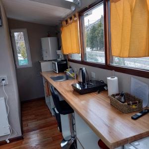 圣卡洛斯-德巴里洛切Tiny house Bariloche的拖车内带木台面的厨房