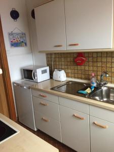 希登豪森Ferienwohnung Schmidt的厨房配有水槽和微波炉