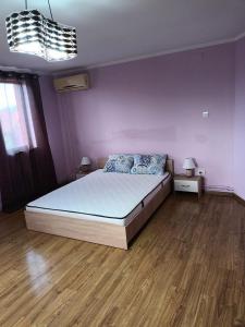 普洛耶什蒂Apartament 2 dormitoare的一间卧室配有一张床和紫色的墙壁
