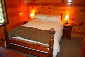 特拉基1 bedroom, 2 bath, sleeps 4 adults West End of Donner Lake DLR#105的一间卧室配有一张床,还有两个带两盏灯的床头柜