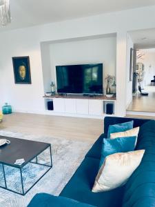 休斯顿Moose Manor Guest Suite - Houston的客厅配有蓝色的沙发和电视