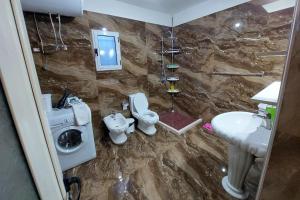 伏罗拉villa Heljos apartaments的一间带水槽、卫生间和淋浴的浴室