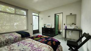 La Palma Coliving的一间卧室配有床、水槽和镜子