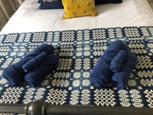 MarchwielOrchard house guest studio accommodation的一组蓝色的毛巾放置在床上