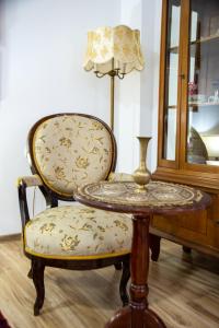 斯雷姆斯基卡尔洛夫奇Apartman Centar的椅子,桌子和一盏灯