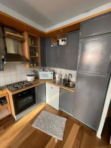 布鲁塞尔Appartement spacieux pour un séjour inoubliable的厨房配有不锈钢用具,铺有木地板