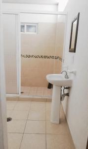 阿卡普尔科Hotel Lu Acapulco的白色的浴室设有水槽和淋浴。