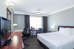 雷德迪尔雷德迪尔桑德曼酒店的酒店客房配有一张床、一张书桌和一台电视。