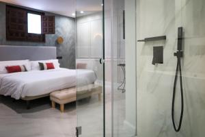 OrgazTomé, casa de huéspedes的一间卧室设有一张床和一个玻璃淋浴间