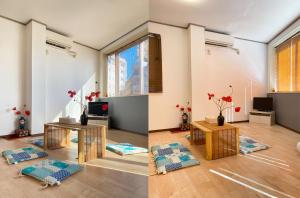 东京Uhome Mitomi Home 3F的客厅两张照片,配有一张桌子