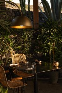 伊亚Santo Pure Oia Suites & Villas的植物间里的桌椅