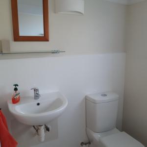马斯特顿Bunny Cottage的白色的浴室设有卫生间和水槽。