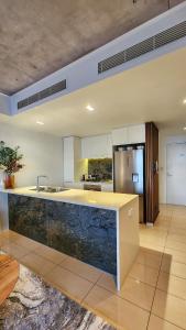 达尔文Penthouse-level Waterfront Apartment的一个带柜台和水槽的大厨房