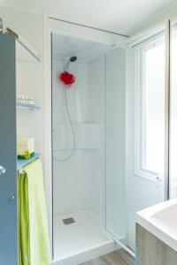 乐巴凯尔斯Camping La Croix du Sud的带淋浴的浴室和玻璃门