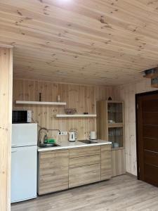 KurėnaiAtostogų namelis的厨房配有白色冰箱和木墙