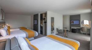 都柏林玛德文史密斯菲尔德酒店的酒店客房配有两张床和一张书桌