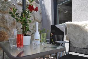 绍滕斯Ferienwohnung Bärbel的玻璃桌,装有一瓶葡萄酒和一株植物